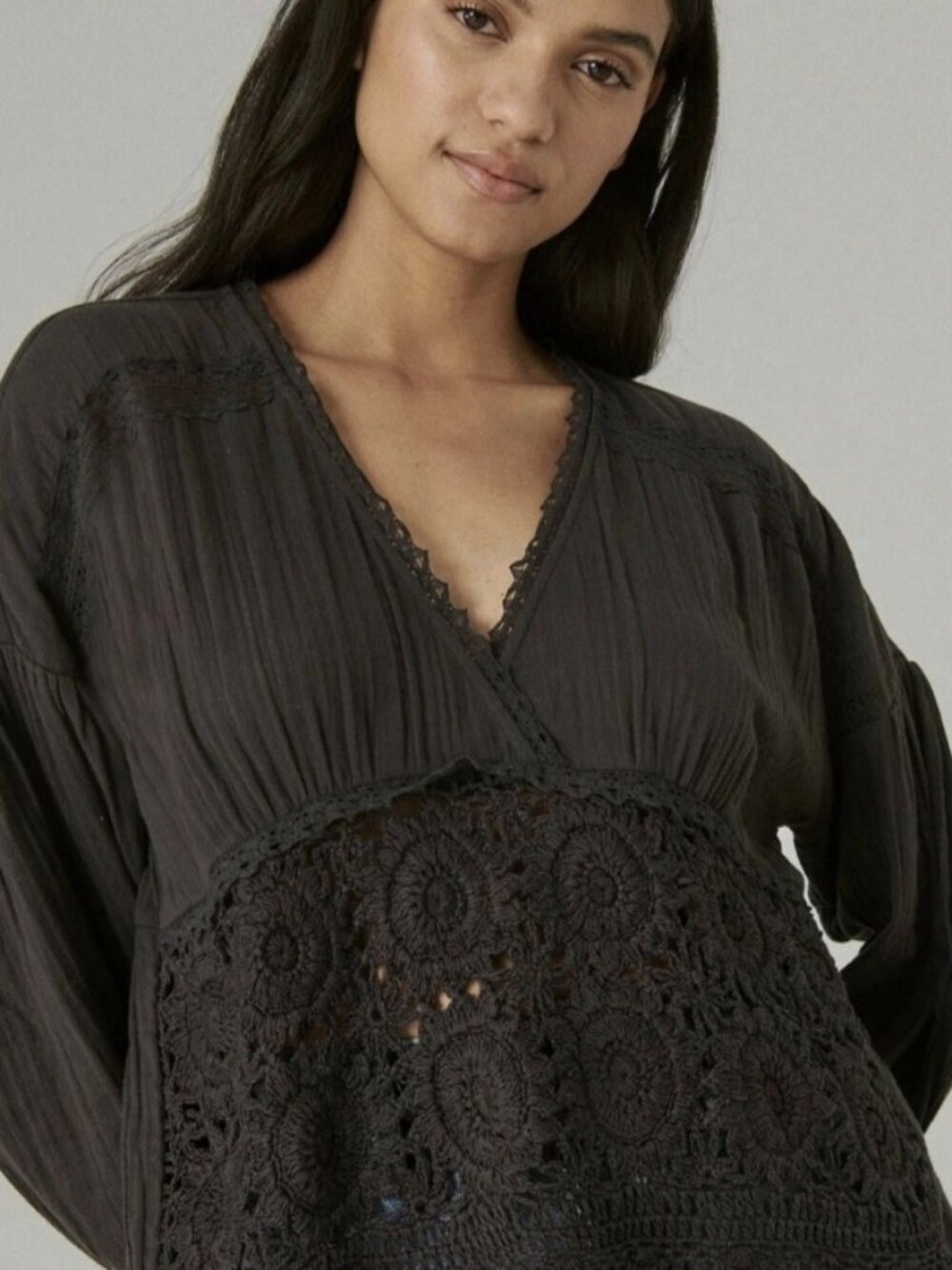 Lucky Brand Long-Sleeve Crocheted Top. Size Large. Off-Black.Gently Used.